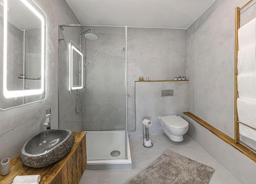 a bathroom with a sink and a shower and a toilet at DOMA u nás Boutique hotel & spa in Poprad