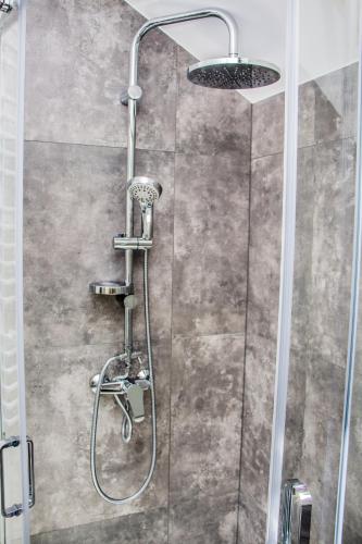 a shower with a shower head in a bathroom at Apartamenty Willa Pogoń in Krynica Zdrój