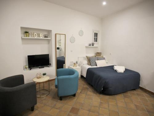 een slaapkamer met een bed, een bank en een tv bij San esteban bajo in Sevilla