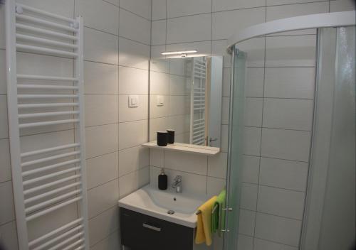 Baño blanco con lavabo y espejo en Apartmaji Anita en Begunje pri Cerknici