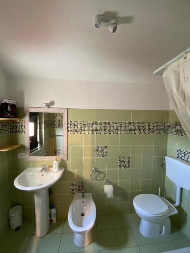 ein Badezimmer mit einem Waschbecken, einem WC und einem Spiegel in der Unterkunft Agriturismo Tenuta Feraudo in Labonia
