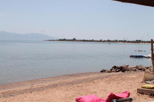 a beach with a body of water and a boat at Elbadawy camp in Nuweiba