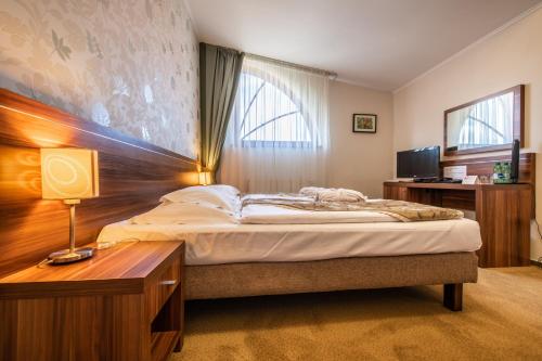 1 dormitorio con 1 cama, escritorio y ventana en Wellness hotel Spark, en Malacky