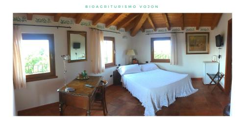 Bio Agriturismo Vojon في بونتي سول مينشيو: غرفة نوم بسرير وطاولة ونوافذ
