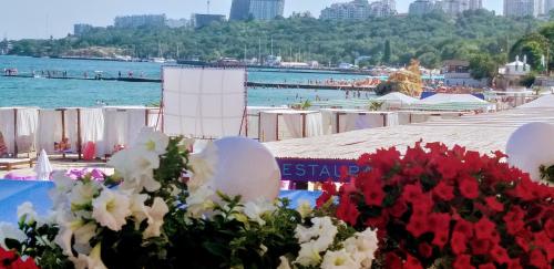 a bunch of flowers on a beach with the water at Shalanda in Odesa