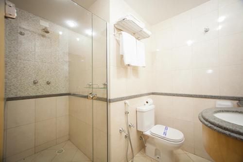 a bathroom with a shower and a toilet and a sink at Hotel Saint Louis in Luis Eduardo Magalhaes