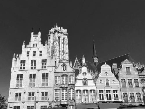 une photo en noir et blanc d'un bâtiment avec une tour d'horloge dans l'établissement Nova Zembla, à Malines