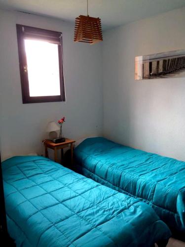 - 2 lits verts dans une chambre avec fenêtre dans l'établissement Cap de Mer - Vue sur mer - Une chambre - Une terrasse - Accès direct plage - Commerces à proximités, au Barcarès