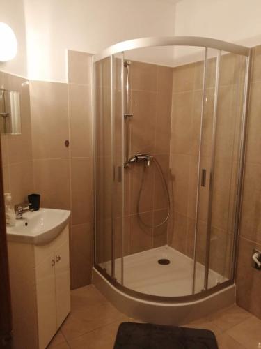 a bathroom with a shower and a sink at Kondé Apartments B in Dunajská Streda