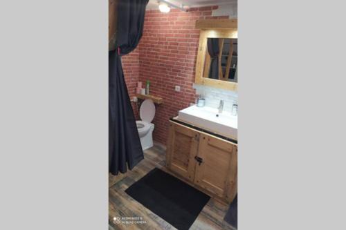 a bathroom with a sink and a toilet and a mirror at Appartement tout confort au calme avec jacuzzi in Mouguerre