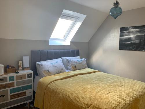 a bedroom with a bed and a skylight at Tors Place in Portree