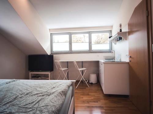 a bedroom with a bed and a desk and a television at Studio Kolman in Bled