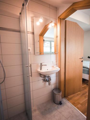 ein Badezimmer mit Waschbecken und Spiegel in der Unterkunft Studio Kolman in Bled