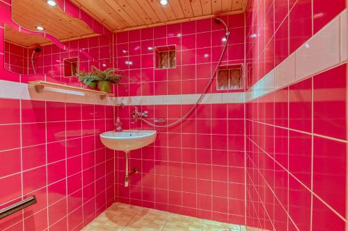 Baño alicatado de color rosa con lavabo. en Apartmán Kinských, en Rožnov pod Radhoštěm