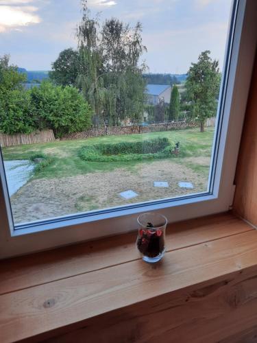 a window with a bowl of cherries sitting on a window sill at Al'fagne de boca in Bertogne