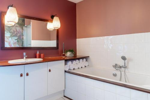 ein Badezimmer mit einem Waschbecken und einer Badewanne in der Unterkunft Le Leon Bourgeois 6 pers Hypercentre Epernay in Épernay