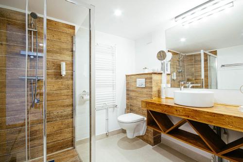 a bathroom with a sink and a toilet and a shower at Buchenland Hotel in Câmpulung Moldovenesc