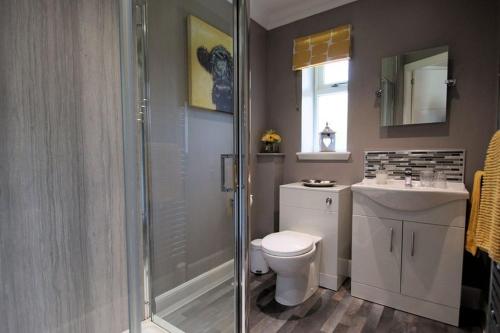 a bathroom with a shower and a toilet and a sink at Riverbank in Callander