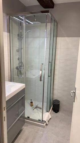 une salle de bain avec une douche en verre et un lavabo dans l'établissement 3 pièces Haut De Gamme Suquet Cannes, à Cannes