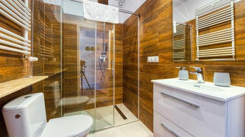 y baño con aseo, ducha y lavamanos. en Apartament Centrum Holiday Mountain Residence - 5D Apartamenty, en Świeradów-Zdrój