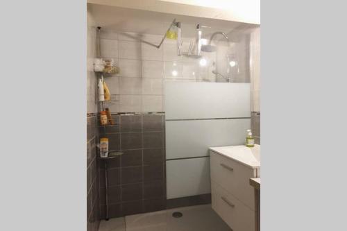 a bathroom with a shower and a sink at Calme dans Maison de village 60M2 super confort in Digne-les-Bains