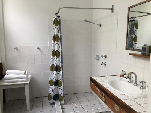 a bathroom with a shower, sink, and tub at Vine Valley Inn in Cessnock