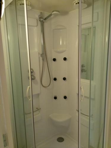 een witte badkamer met een douche en een toilet bij B&B Altijd Welkom in Ruinen