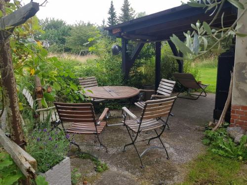 eine Gruppe von Stühlen und einem Tisch in einem Garten in der Unterkunft Niedliches kleines Ferienhäuschen auf Rügen nahe Stralsund in Altefähr