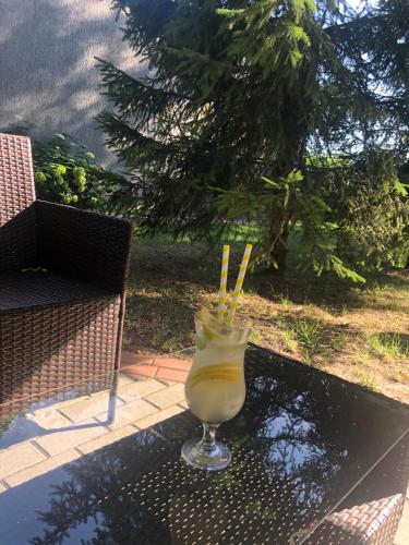 a drink sitting on a table with two straws in it at Sosnowe Zacisze in Białystok