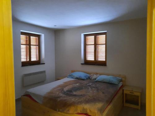 a bedroom with a bed and two windows at Country House Zemljanka in Šentrupert
