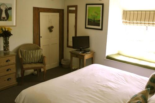 1 dormitorio con 1 cama, TV y silla en Lellizzick Bed and Breakfast, en Padstow