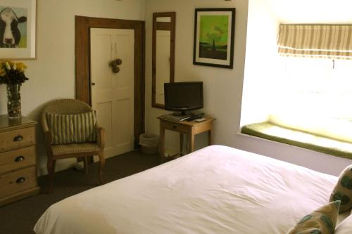 a bedroom with a bed and a tv and a chair at Lellizzick Farmhouse in Padstow