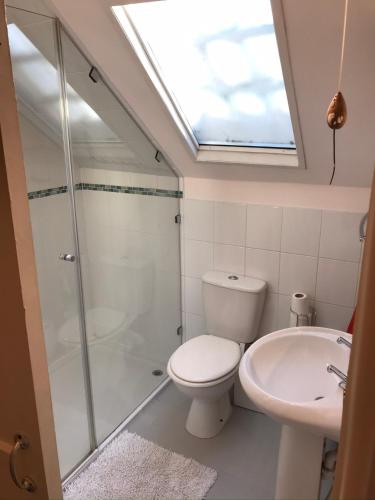 a bathroom with a toilet and a shower and a sink at Bottesford Cottage - Leicestershire in Bottesford