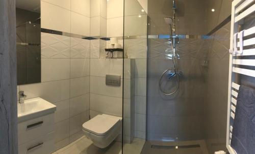 e bagno con doccia, servizi igienici e lavandino. di Apartament NATURA a Piekielnik