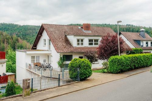 una casa blanca con una valla al lado de una calle en FeWoLa en Wieda