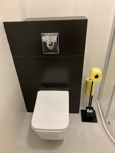 a bathroom with a white toilet and a black wall at Zenit Apartman in Bükfürdő