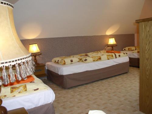 a hotel room with two beds and two lamps at Penzion Rozkoš in Prŭhonice