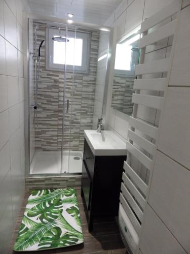 uma casa de banho com um chuveiro, um lavatório e um chuveiro em TY KASTELL PAOL em Saint-Pol-de-Léon