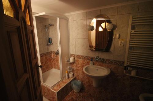 a bathroom with a sink and a shower and a toilet at Penzión Alexander in Habura