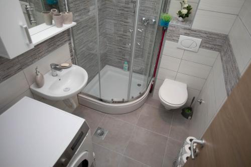 y baño con ducha, aseo y lavamanos. en Oasis of Peace, en Trebinje