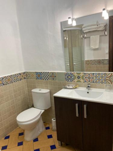 a bathroom with a toilet and a sink at Apartamentos Turísticos - Hostal Los Alisos in Aliseda