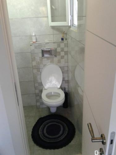 a small bathroom with a toilet with a black rug at הפנינה של צפת in Safed