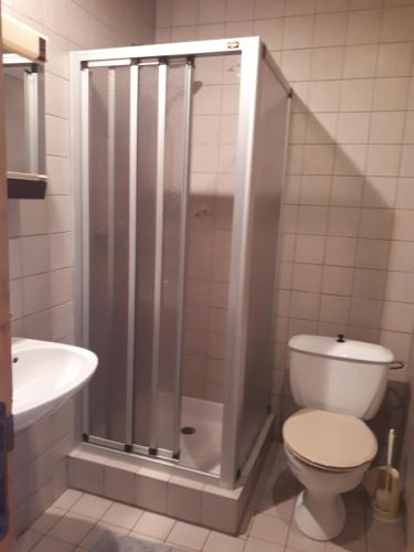 a bathroom with a shower with a toilet and a sink at Leo's Chambres d'Hôte in Agde