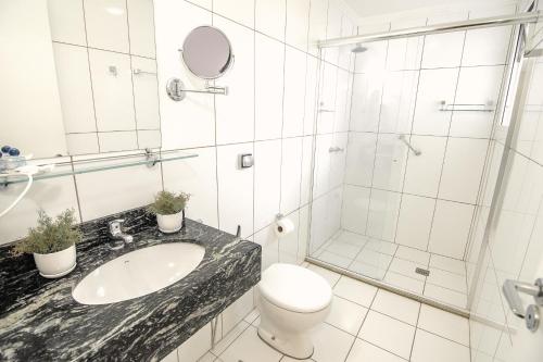 a bathroom with a sink and a toilet and a shower at Charrua Hotel in Santa Cruz do Sul