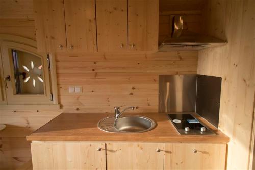 una cocina con fregadero en una cabaña de madera en Zauberwagen Zirkuswagen Naturwagen, en Kröpelin