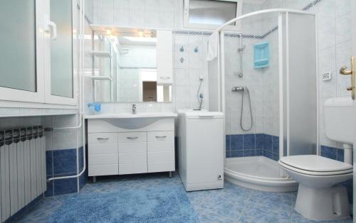 ein Bad mit einem Waschbecken, einem WC und einer Dusche in der Unterkunft Ondina in Rovinj