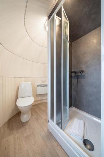 a bathroom with a toilet and a glass shower at Iglu Camp Templin in Templin