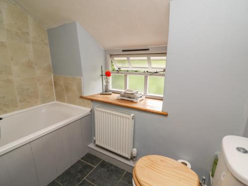 ein Badezimmer mit einer Badewanne, einem WC und einem Waschbecken in der Unterkunft Preacher's Cottage in Llanbadarn-fynydd