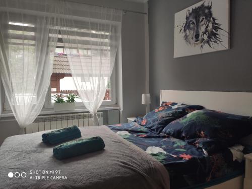 a bed with two pillows on it in a bedroom at Apartament Tygrys in Zakopane