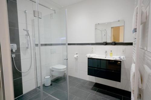 ein Bad mit einer Dusche, einem WC und einem Waschbecken in der Unterkunft NEU Mont Royal Suiten 2 bis 4 Personen in Traben-Trarbach